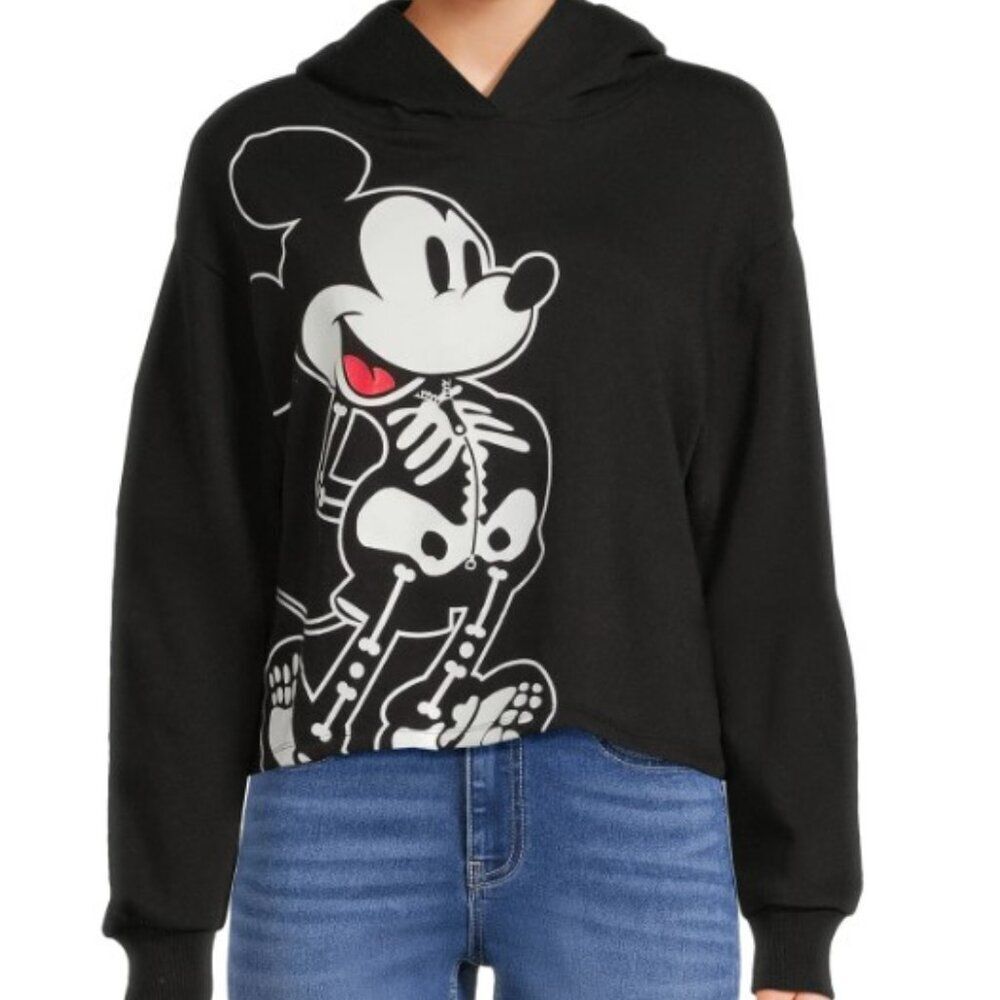 DISNEY Mickey Mouse Skeleton Cropped Hoodie Juniors Size XL Black Sweatshirt NWT
